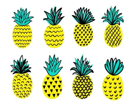 Tropical set with doodle yellow pineapples. Stock Illustration