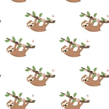 Tropical sloth pattern with butterflies and leaves for nature-inspired design Stock Illustration