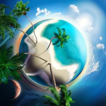 Tropical small planet with coconut trees Stock Illustration