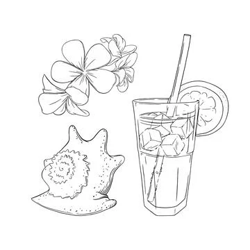 Tropical spa set. Vacation in tropical country with cocktails, flowers and sea Stock-Illustration