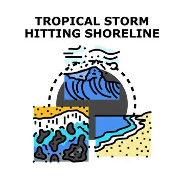 Tropical storm hitting shoreline causing ocean pollution catastrophe Stock Illustration