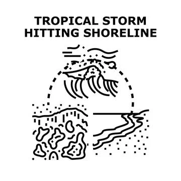 Tropical storm hitting shoreline causing ocean pollution catastrophe Stock Illustration