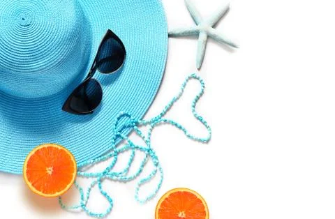 Tropical Summer Beach Background. Sunglasses, hat with starfish on white summ Stock Photos