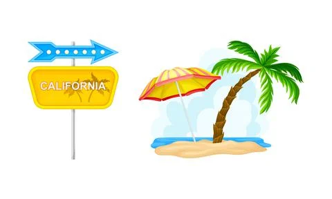 Tropical summer beach objects set. Palm tree and wooden pointer vector Illustrazione stock