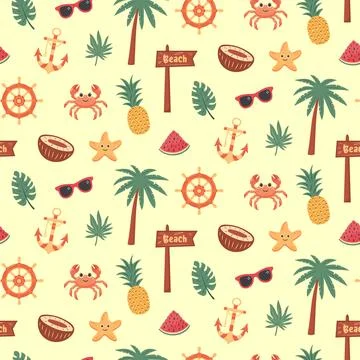 Tropical summer beach seamless pattern. Summertime, vacation, travel concept. Illustrazione stock