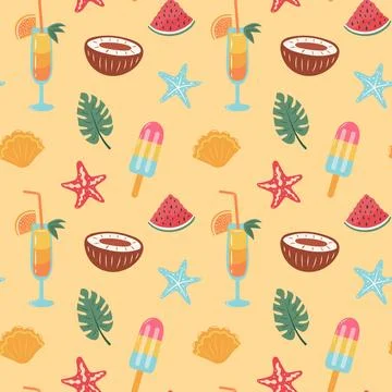 Tropical summer beach seamless pattern. Summertime, vacation, travel concept Stock Illustration