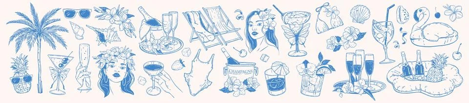 Tropical summer doodle set, vector exotic island party drink collection Stock Illustration