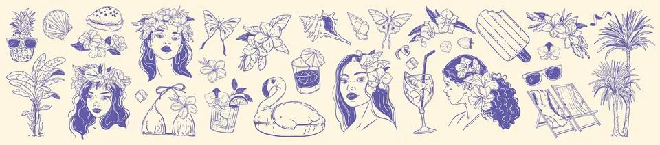 Tropical summer doodle set, vector Hawaii island vacation sticker Stock Illustration