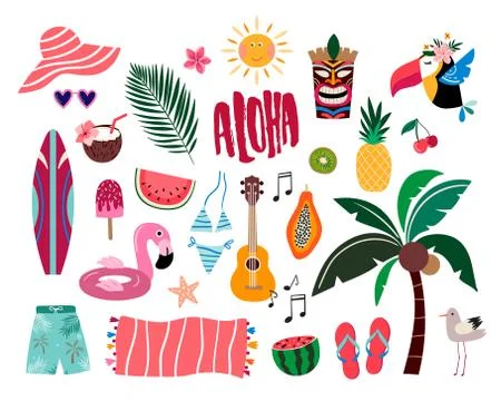 Tropical summer elements, hand drawn collection Stock Illustration