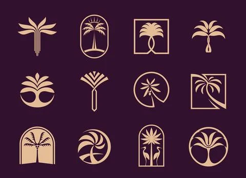 Tropical summer palm beach tree and resort icons Stock Illustration