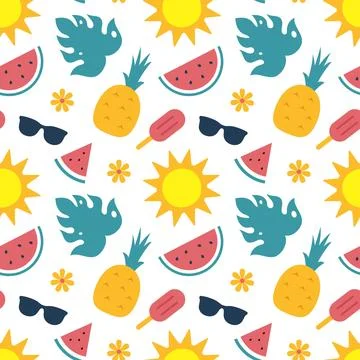 Tropical Summer Seamless Pattern with Beach Elements in Cartoon Flat Style .. Stock Illustration