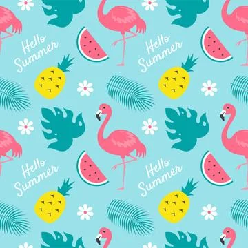 Tropical Summer Seamless Pattern with Beach Elements in Cartoon Flat Style .. Illustrazione stock