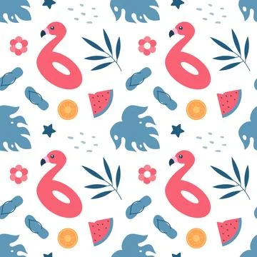 Tropical Summer Seamless Pattern with Beach Elements in Cartoon Flat Style .. Illustrazione stock
