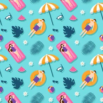 Tropical Summer Seamless Pattern with Beach Elements in Cartoon Flat Style .. Stock Illustration