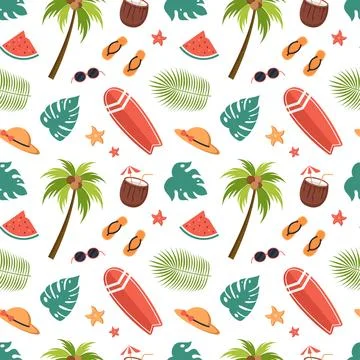 Tropical Summer Seamless Pattern with Beach Elements in Cartoon Flat Style .. Stock Illustration