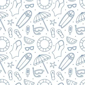Tropical Summer Seamless Pattern with Beach Elements in Cartoon Flat Style .. Illustrazione stock
