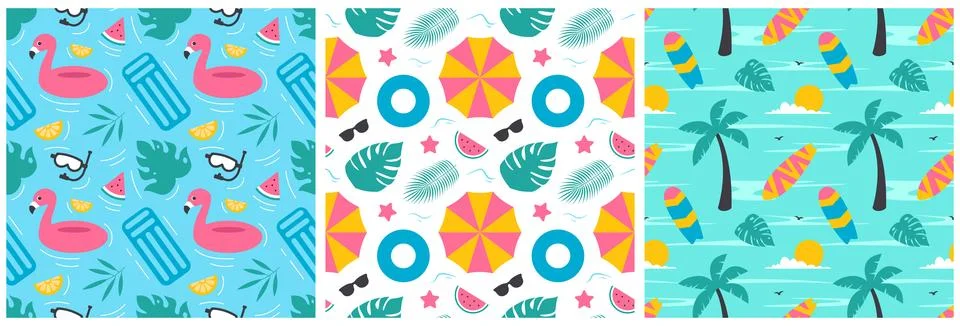 Tropical Summer Seamless Pattern with Beach Elements in Cartoon Flat Style .. Illustrazione stock