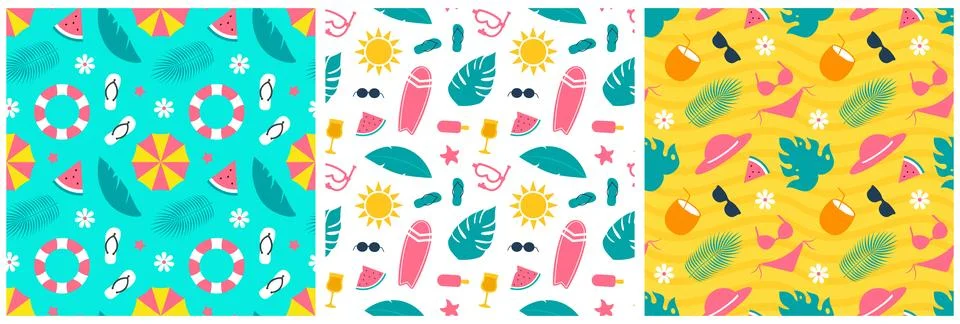 Tropical Summer Seamless Pattern with Beach Elements in Cartoon Flat Style .. Illustrazione stock