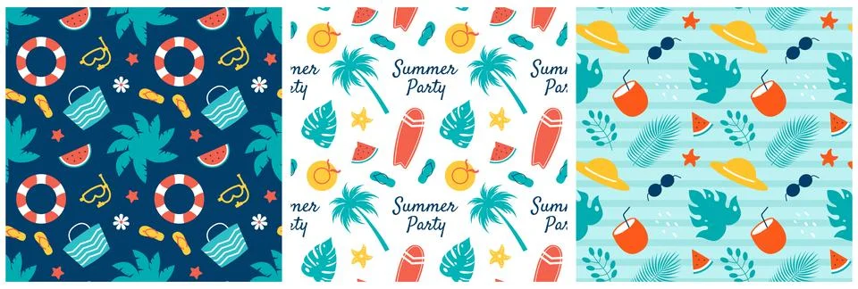 Tropical Summer Seamless Pattern with Beach Elements in Cartoon Flat Style .. Stock Illustration