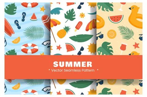 Tropical Summer Seamless Pattern with Beach Elements in Cartoon Flat Style .. イラスト素材