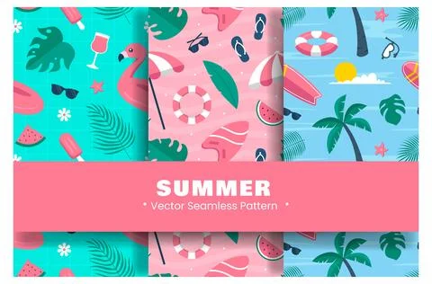 Tropical Summer Seamless Pattern with Beach Elements in Cartoon Flat Style .. Stock Illustration