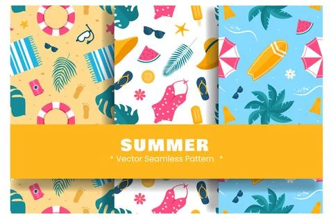 Tropical Summer Seamless Pattern with Beach Elements in Cartoon Flat Style .. Illustrazione stock