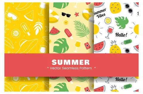 Tropical Summer Seamless Pattern with Beach Elements in Cartoon Flat Style .. 스톡 일러스트