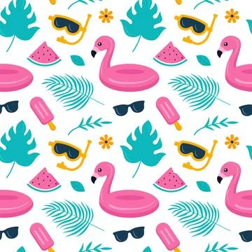 Tropical Summer Seamless Pattern with Beach Elements in a Flat Cartoon Styl.. Stock Illustration