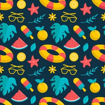 Tropical Summer Seamless Pattern with Beach Elements in a Flat Cartoon Styl.. Stock Illustration