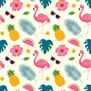 Tropical Summer Seamless Pattern with Beach Elements in a Flat Cartoon Styl.. Stock Illustration
