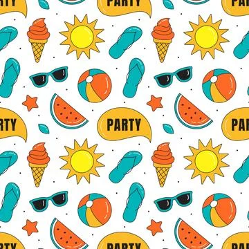 Tropical Summer Seamless Pattern with Beach Elements in a Flat Cartoon Styl.. Illustrazione stock