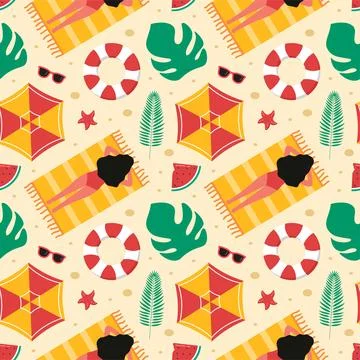 Tropical Summer Seamless Pattern with Beach Elements in a Flat Cartoon Styl.. 스톡 일러스트