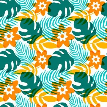Tropical Summer Seamless Pattern with Beach Elements in a Flat Cartoon Styl.. Illustrazione stock