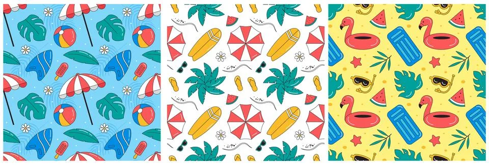 Tropical Summer Seamless Pattern with Beach Elements in a Flat Cartoon Styl.. Illustrazione stock