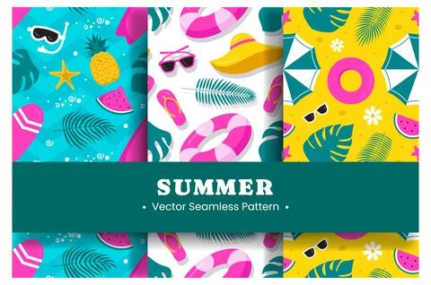 Tropical Summer Seamless Pattern with Beach Elements in a Flat Cartoon Styl.. Stock Illustration