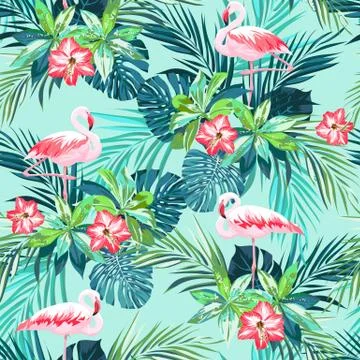 Tropical summer seamless pattern with flamingo birds and jungle flowers 스톡 일러스트
