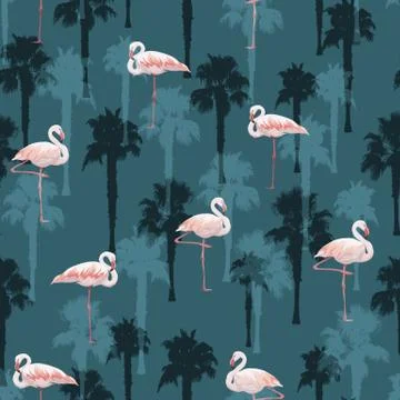 Tropical summer seamless pattern with flamingo birds Stock Illustration
