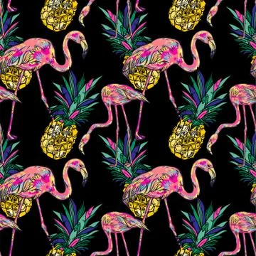 Tropical summer seamless pattern with pink flamingo, pineapple. Stock Illustration
