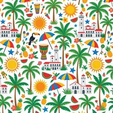 Tropical Summer Vacation Seamless Pattern with Palm Trees and Beach Elements. Stock Illustration