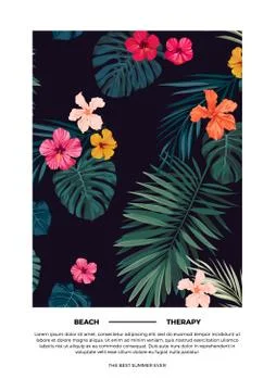 Tropical summer vector postcard design with bright hibiscus flowers and exotic Stock Illustration