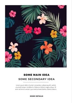 Tropical summer vector postcard design with bright hibiscus flowers and exotic Stock Illustration