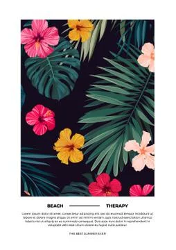 Tropical summer vector postcard design with bright hibiscus flowers and exotic Stock Illustration