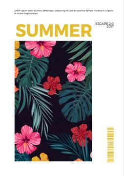 Tropical summer vector postcard design with bright hibiscus flowers and exotic Stock Illustration