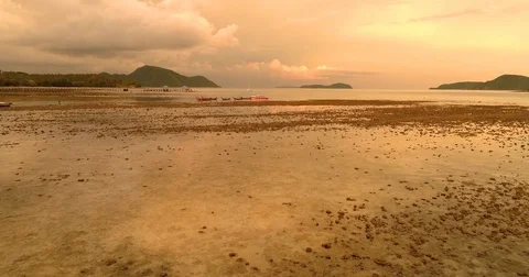 Tropical sunset colors. Drone flying under boats on the shore at low tide Video stock 74901010
