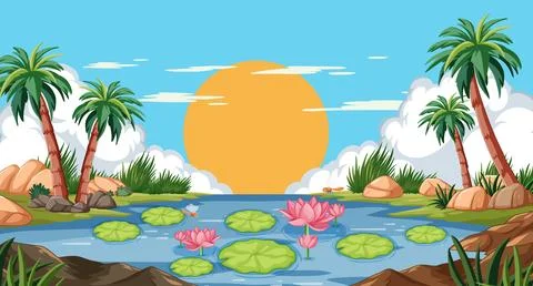 Tropical Sunset Over Tranquil River Ilustração Stock
