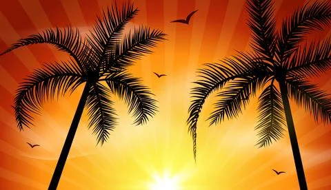 Tropical sunset with palm tree silhouettes flying birds and yellow sky Illustrazione stock