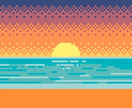 Tropical sunset pixel style. Landscape background. Vector illustration. Stock Illustration