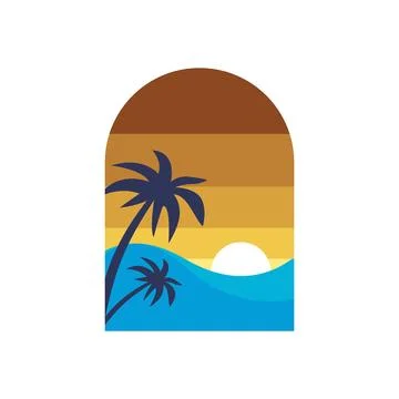 Tropical Sunset Scene with Palm Trees and Coastal Waves Illustration Stock Illustration