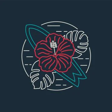 Tropical surf icon with flower in flat line style Stock Illustration