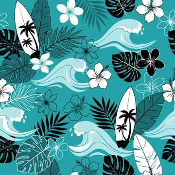 Tropical Surf Pattern with Waves, Palm Trees, and Hibiscus Flowers. Stock Illustration